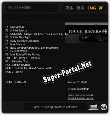 Трейнер для TOUGE RACERS [v1.0.8]